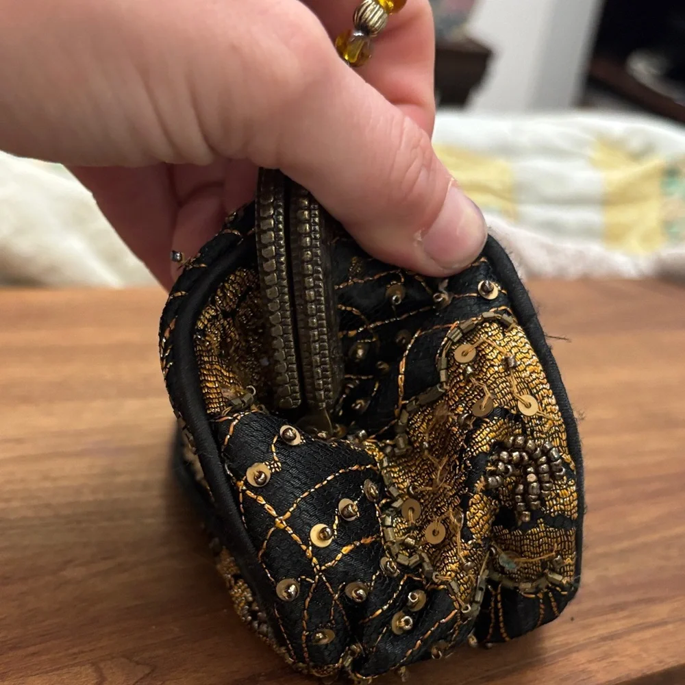 Vintage Christiana Black and Gold Floral Embroidered Clutch- beaded